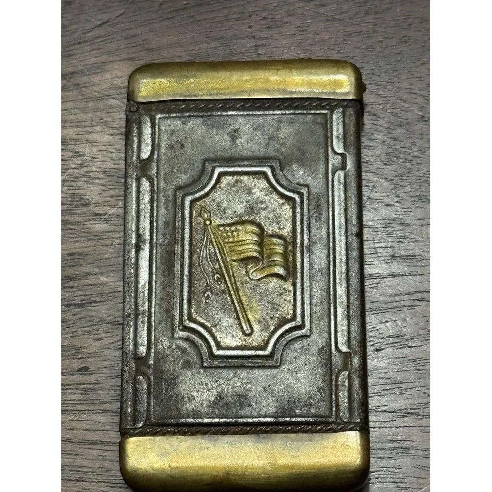 antique figural American Flag & lady silver plate metal vesta match  Box #3